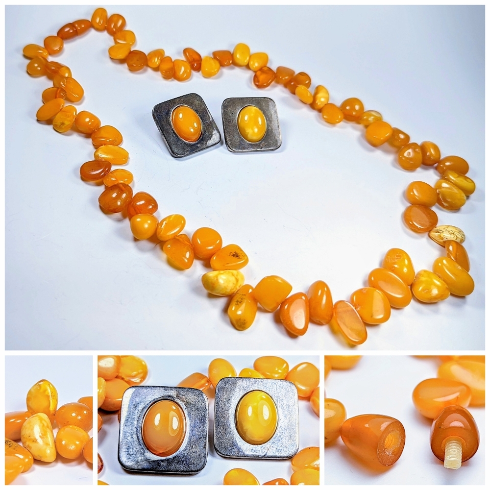 RARE Vintage Egg Yolk Amber Necklace and Sterling Earring Set.